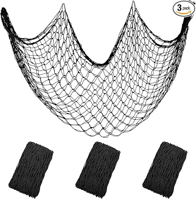 Patioland Decorative Fishing Net 80x40 Inch, 3 Pack Large Black Picture Fish Net, Wall Photo Hanging Fishnet for Nautical Mermaid Pirate Ocean Themed Hawaii Beach Under The Sea Party Decorations
