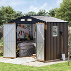 6x8FT Outdoor Metal Storage Shed with Floor Frame,Double Door, 1 Clear Window, Tool Shed for Garden, Patio, Backyard Brown