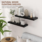 24 Inch Black Floating Shelves for Wall, Solid Wood Wall Shelves Set of 2, Modern Black Shelves Display Ledge Shelves for Bedroom Bathroom Living Room Kitchen Decoration Storage - Black