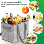 Fab totes Reusable Grocery Bags, Large Foldable Shopping Tote Bags with Reinforced Handles & Hard Bottom,3 Pack,Grey