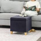 Adeco Fabric Storage Ottoman Bench with Solid Wood Legs, 17.7" Square Dark Grey Cotton Linen Cube Foot Stool, Upholstered Button Tufted Vanity Chair with Hinged Lid for Living Room, Bedroom, Dorm