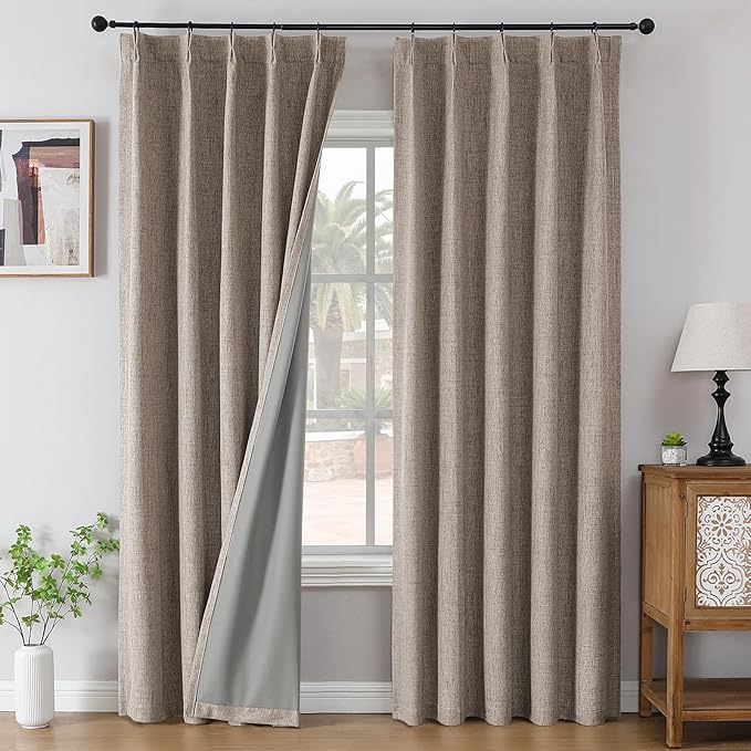 Joydeco Pinch Pleated Curtains - 100% Blackout for Bedroom, Linen Curtains 40" W x 96" L, Thermal Insulated 2 Panels Light Blocking Drapes, Back Tabs for Living Room