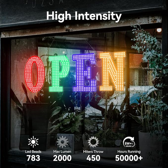 40'' x 14" LED Open Signs for Business, Super Bright Large Open Closed Sign with Hanging Installation, Light Up Sign for Bar Store Restaurant Office Hotel Salon (Red Green BlueYellow)