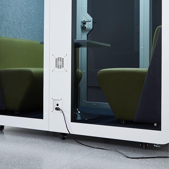 GEARONIC Mobile Office Pod Booth, Sound Proof Office Pod Booth with Mobile Roller, Larger Space for 2-4 People, LED Lighting System,Fans and AC USB Ports（White-Grey）