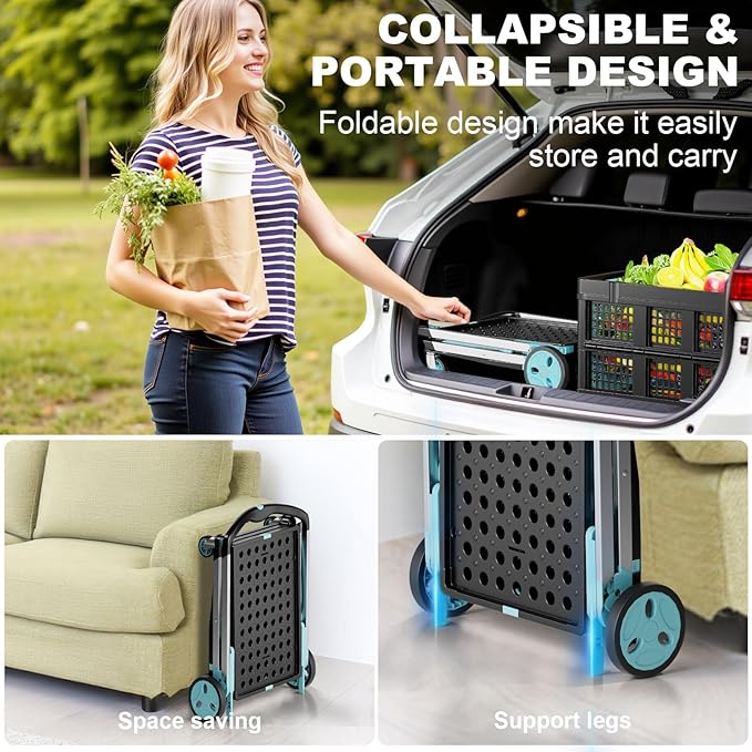 Foldable Shopping Cart, 200 lbs Capacity Grocery Carts on Wheels with Collapsible Crate Heavy Duty Collapsible Cart with Foot Brake for Groceries, Office, Warehouse and Supermarket