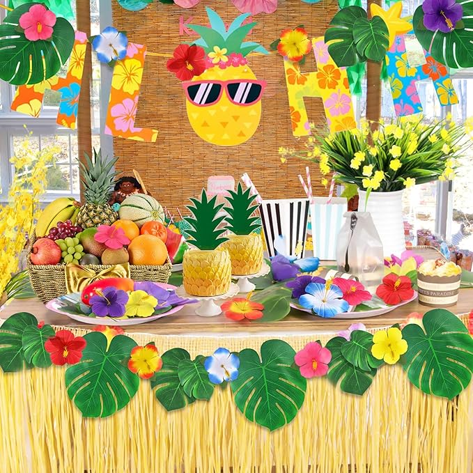 120Pcs Luau Party Decorations Fake Plants Palm Leaves Monstera Hibiscus Flowers Simulation Artificial Leaf for Hawaiian Luau Safari Parties Jungle Beach Wedding Birthday Theme Party Table Decorations