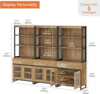WAMPAT 3 PCS Modern 72" Tall Bookcase with 3 Drawers and Open Book Shelfs, Library Book Shelf with Storage Cabinet and Glass Doors, Wood Freestanding Bookshelves for Home Office, Living Room, Oak