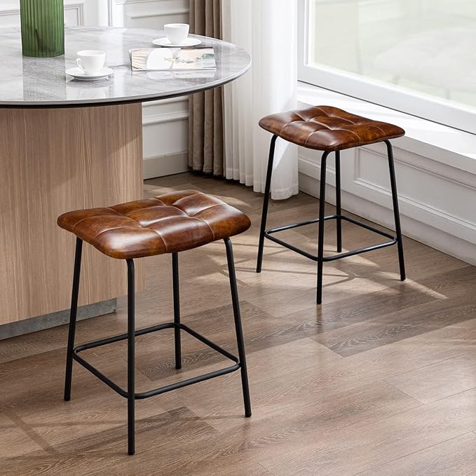DUHOME 24” Square Tufted Counter Bar Stools Set of 2, Breathable Faux Leather Upholstered Barstool with Footrest, Backless Stool for Kitchen Counter Island Bar, YellowishBrown