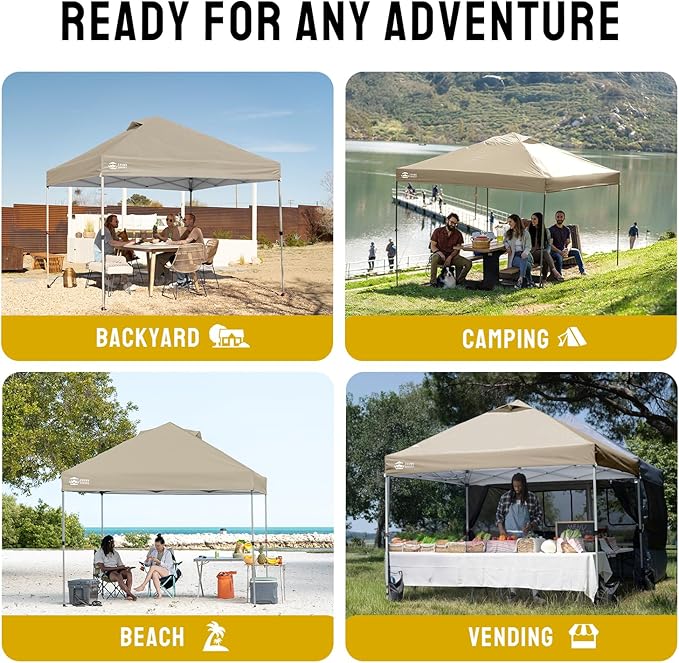 CROWN SHADES 12x12 Pop Up Canopy Outside Canopy, Patented One Push Tent Canopy with Wheeled Carry Bag, Bonus 8 Stakes and 4 Ropes, Beige