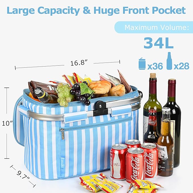 Tirrinia Large Insulated Picnic Basket, 34L Water Resistant & Leakproof Collapsible Portable Cooler Basket Set with Aluminium Handle for Travel, with a Free Foldable Grocery Bag, Blue Strip