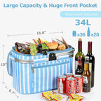 Tirrinia Large Insulated Picnic Basket, 34L Water Resistant & Leakproof Collapsible Portable Cooler Basket Set with Aluminium Handle for Travel, with a Free Foldable Grocery Bag, Blue Strip