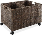 Casafield Rolling Storage Basket Cart with Lid and Locking Wheels, Espresso - Handwoven Water Hyacinth Divided Recycling Sorting Bin for Kitchen, Laundry Room, Garage