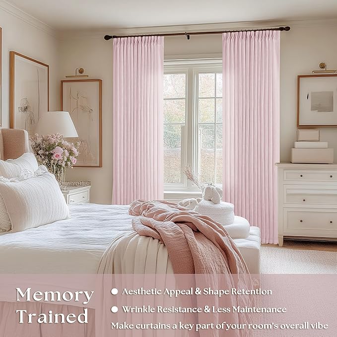 Baby Pink Linen Pinch Pleated Curtains 96 Inch Length 2 Panels for Girls Bedroom Nursery Soft Thick Linen Window Curtains 96 Inches Long Semi Sheer Light Filtering for Living Room Blush Dusty Pink