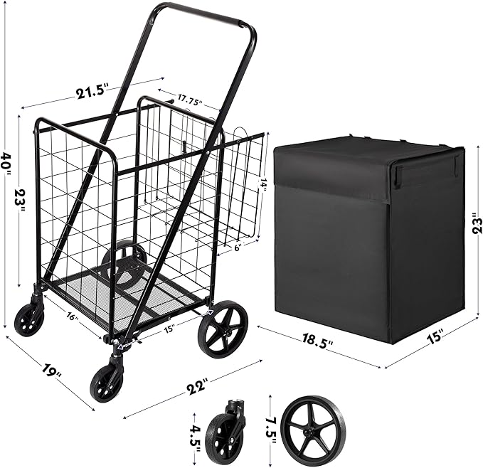 Folding Shopping Cart with Waterproof Liner, Grocery Cart Large Bag with Top Cover, 340 Lb Capacity, Utility Cart with 360° Rolling Swivel Wheels, Large & Extra Basket