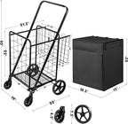 Folding Shopping Cart with Waterproof Liner, Grocery Cart Large Bag with Top Cover, 340 Lb Capacity, Utility Cart with 360° Rolling Swivel Wheels, Large & Extra Basket