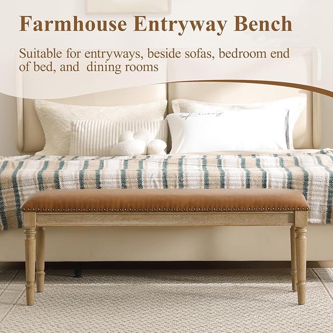 46'' French Country Entryway Bench Wooden Faux Leather Upholstered Seat Dinng Bench with Nailhead Trim for Hallway End of Bed, Brown
