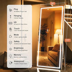 Full Length Mirror with Lights, 71" x 32" LED Lighted Floor Standing Body Mirror, Dimmable & 3 Color Lighting for Bedroom, Cloakroom, Dressing Room, Tempered Glass, Square White