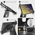 Volcora Anti-Theft Tablet Stand iPad Kiosk Stand with Lock, Black 10-13'' iPad Stand for Desk, Swivel, Adjustable iPad Holder For Desk, iPad Mount For Desk For POS Register, Retail Business, Cashier