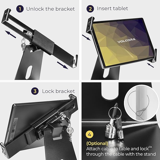 Volcora Anti-Theft Tablet Stand iPad Kiosk Stand with Lock, Black 10-13'' iPad Stand for Desk, Swivel, Adjustable iPad Holder For Desk, iPad Mount For Desk For POS Register, Retail Business, Cashier