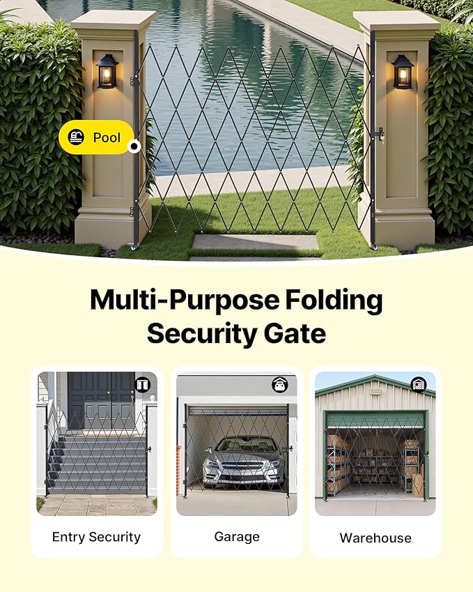 VEVOR Single Folding Security Gate, Lockable Scissor Gate with 360° Swivel Casters, Outdoor Barricade Steel Retractable Gates, for Entry Security, Garage, Warehouse & Pool, 86.61 x 86.81 in (W x H)