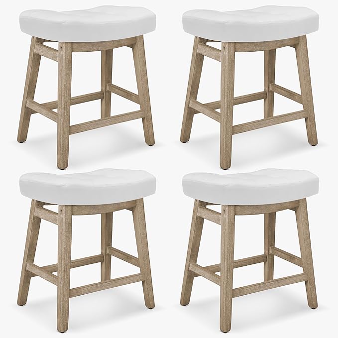 Counter Height White Bar Stools Set of 4 for Kitchen Counter Farmhouse Modern Barstools with Faux Leather Upholstered Backless Seat and Solid Wood Legs 24 inch Bar Chairs, White + Wood Color
