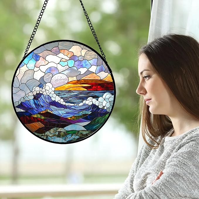 Stained Glass Window Hanging, Abstract Colorful Ocean Waves Landscape Suncatcher for Doors Window Home Sun Catchers Decor Mother's Day Birthday Gifts for Women, Men Mom 6.3 in