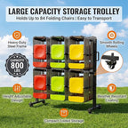Folding Chair Rack for 84 Chairs or 12 Tables, Heavy Duty Folding Chair Cart with Swivel Wheels, 800LBS Load Capacity, Dual-Layer Chair Storage Rack with 2 Elastic Cord and Weatherproof Cover, Black