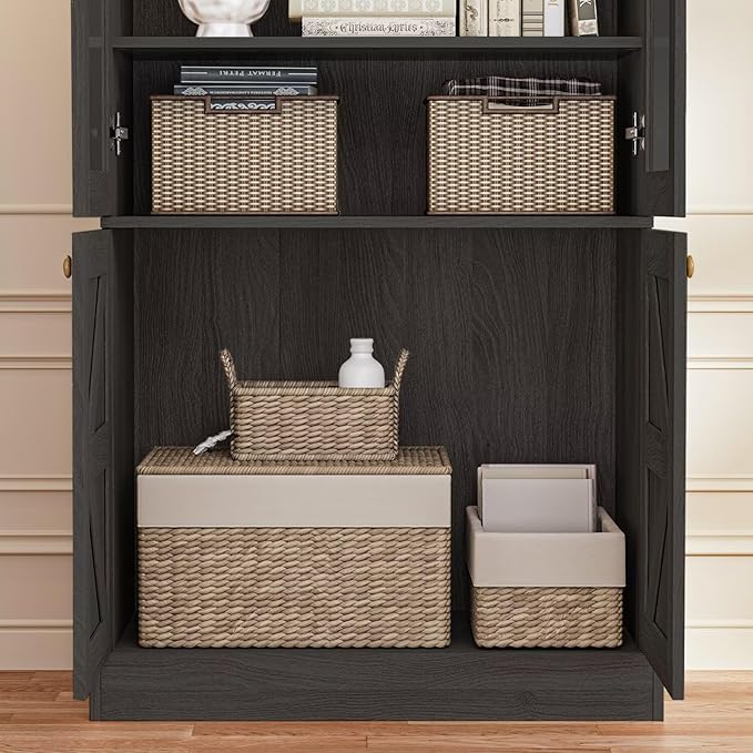 Vyre 71" Tall Farmhouse Bookshelves with Glass Doors and Drawers, Large Modular Bookcase with Adjustable Shelves, Wooden Storage Cabinet for Living Room, Kitchen, Black, Set of 4