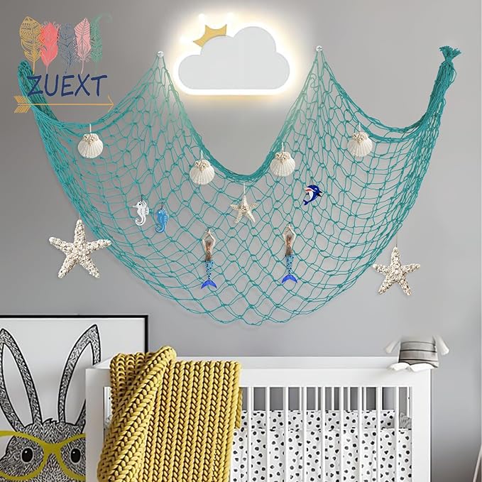 ZUEXT Aqua Decorative Fishing Net 80x40 Inch, 2 Pack Large Picture Fish Net, Wall Photo Hanging Fishnet for Nautical Mermaid Pirate Ocean Themed Hawaii Beach Under the Sea Party Decorations