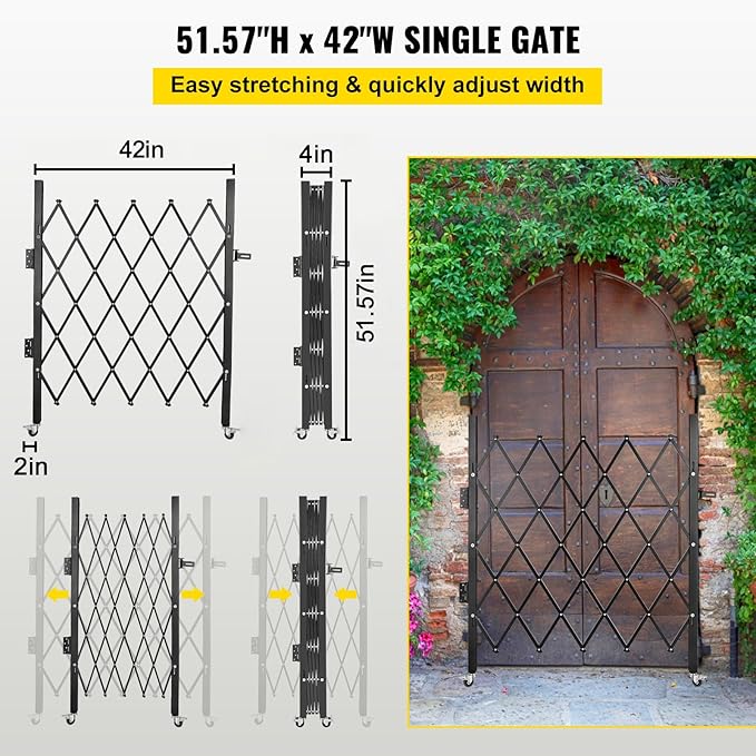 VEVOR Single Folding Security Gate, 51.57" H x 42" W Folding Door Gate, Steel Accordion Security Gate, Flexible Expanding Security Gate, 360° Rolling Barricade Gate, Scissor Gate or Door with Padlock