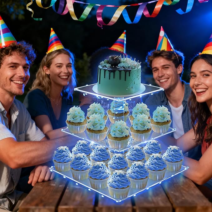 YestBuy 3 Tier Square Cupcake Stand - Premium Cupcake Holder - Acrylic Cupcake Tower Display - Cady Bar Party Décor + LED Light String - Ideal for Weddings, Birthday Parties( Blue Light)