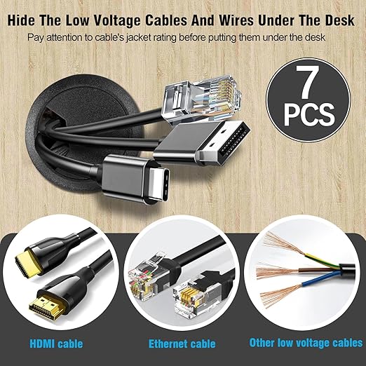 2" Spring Desk Grommet, JTemgle Plastic Cable Hole Cover with Hole Saw Computer Table Cord Wire Organizer Caps Desktop Cord Management for Home Office TV Stands Tabletops - Black, 7 Pcs