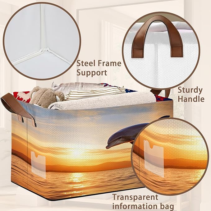 Dolphin Sunset Storage Basket Large 17x11.5x10.5 Inche - Collapsible Beach Themed Organizer Bin with Handles for Bathroom,Nursery,Toys - Foldable Decorative Hamper with Ocean Wave Design - Single Pack