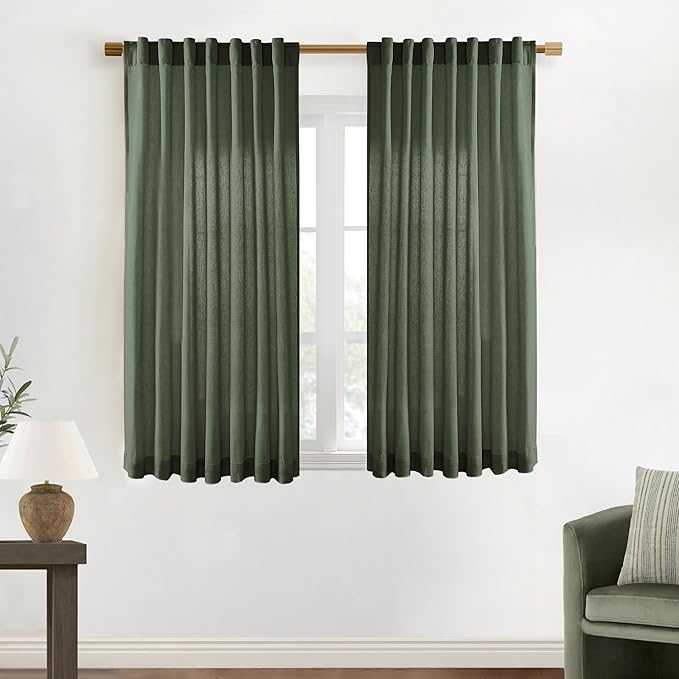 XTMYI Short Curtains for Bathroom Window,Dark Olive Green Boho Bathroom Decor Shower,Sheer Linen Kitchen Curtains,45 Inch Length