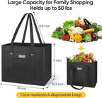 BALEINE 3Pk Reusable Grocery Bags, Foldable Shopping Bags for Groceries with Reinforced Bottom & Handles (Black)
