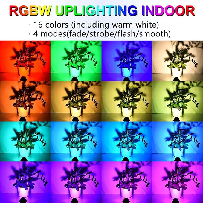 RGBW 6W Color Changing Spot Lights with Remote, 16-Color Uplighting Indoor, 120V Plug-in & 6FT Cord, Includes Floor Foot Switch & Base (2-Pack)