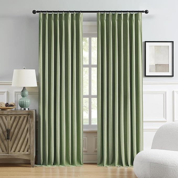 Sage Green Pinch Pleated Blackout Curtains 50 x 95 Inches Long, Back Tab Drapes for Living Room Bedroom Thermal Insulated Full Blackout Draperies with Hooks