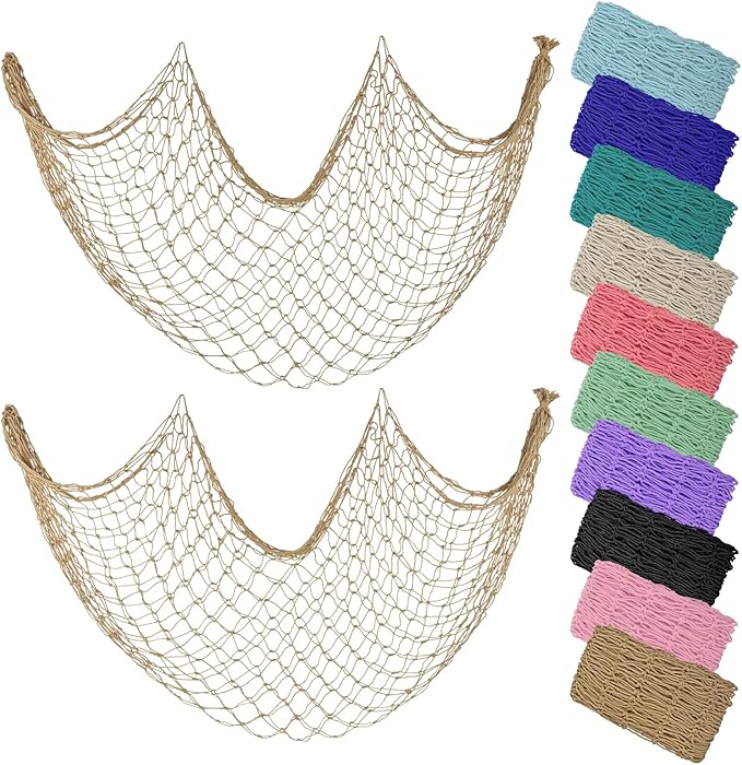 ZUEXT Caramel Decorative Fishing Net 80x40 Inch, 2 Pack Large Picture Fish Net, Wall Photo Hanging Fishnet for Nautical Mermaid Pirate Ocean Themed Hawaii Beach Under the Sea Party Decorations