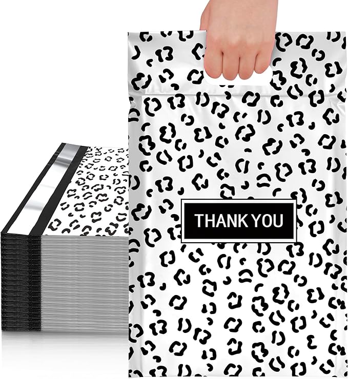 JinRuiKJ Poly Mailers with Handle 10x13 Inch 25 Pcs, Easy to Carry Packaging Bags for Small Business, Thank You Shipping Bags with Self Adhesive Strip, Tearproof and Waterproof - Black leopard