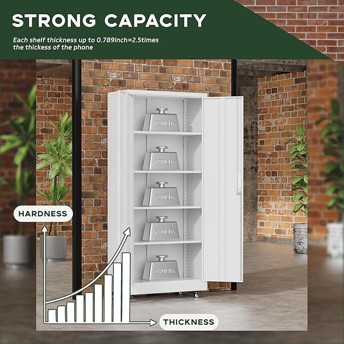 Greenvelly 73" Storage Cabinet with Wheels,Metal Rolling Garage Cabinet with Locking Doors and 4 Adjustable Shelves for Home,Kitchen,Office,Warehouse(32" W x 16" D White)