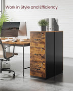 VASAGLE 3-Drawer Vertical File Cabinet, Rustic Brown and Black, for Home Office and Bedroom, A4 and Letter-Size Files, Lockable Drawers, Adjustable Hanging Rail, Printer Stand