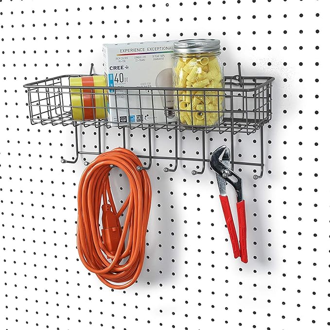 Spectrum Pegboard & Wall Mount Wire Basket With 8-Hook Station (Industrial Gray) - Storage & Organizer For Garage, Tools, Shed, Home, Work Bench, Crafts, & More