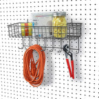 Spectrum Pegboard & Wall Mount Wire Basket With 8-Hook Station (Industrial Gray) - Storage & Organizer For Garage, Tools, Shed, Home, Work Bench, Crafts, & More