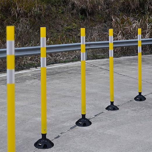 8 Pack Traffic Delineator Post Cones, High Visibility 3M Reflective Tapes, Flexible Spring Post with Detachable Base, for Highway Road Safety, Garage, Parking Lot (Yellow, 48")
