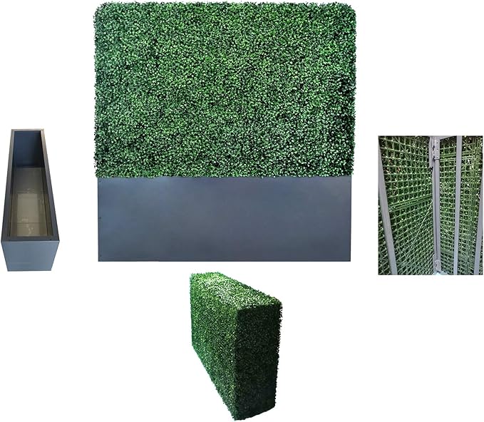 AGPL Artificial Boxwood Hedge Wall (38" Width* 12" Deep* 48" Height) with Dark Gray Stainless Steel Planter Box (48.0)