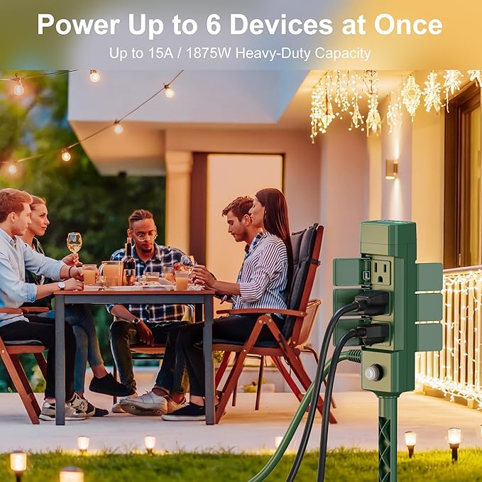 BN-LINK Outdoor Power Stake Timer 25FT Extension Cord Waterproof, Remote Control Photocell Dusk to Dawn Light Timer, 6 Grounded Outlets for String Lights & Christmas Decorations, ETL