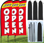 Buryeah 3 Sets Now Open Feather Flag Pole Kit for Business Advertising 7 ft Open Flag Banner Sign with Pole Kit Ground Stake and Portable Bag for Outside Ground (Red)