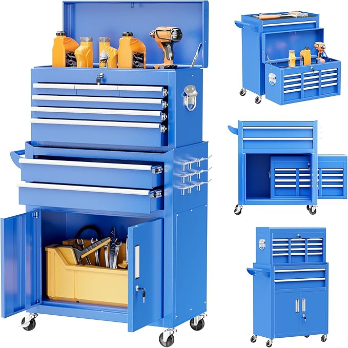 Superday Metal Tool Chest, 8 Drawer Rolling Tool Chest with Wheels, Detachable Tool Storage Cabinet with Lock for Garage, Steel Tool Cart with Liner & Hooks for Workshop, Warehouse (Blue)
