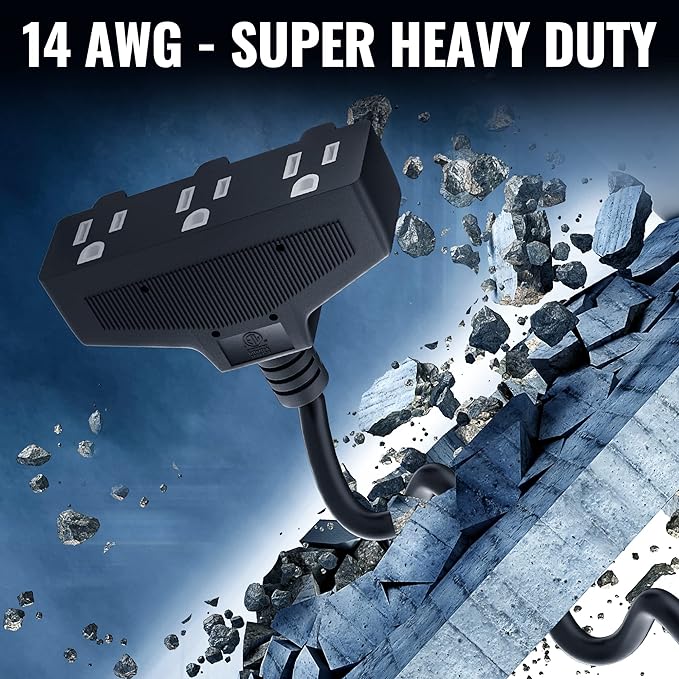Outdoor Extension Cord 25 Ft with 3 Outlets, 14/3 SJTW 3 Prong Grounded Power Cord, 14 Gauge 14AWG Heavy Duty Power Cable, ETL Listed, 15 Amp 125 V 1875 W-Multiple Outlets for Indoor/Outdoor-Black