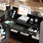 PAKASEPT Reception Desk with Counter for Retail & Checkout,Modern Front Reception Counter with Drawers & Open Shelves,L-Shaped Retail Counter with Storage for Countertop,Beauty Salon,Shop,Bar,Black